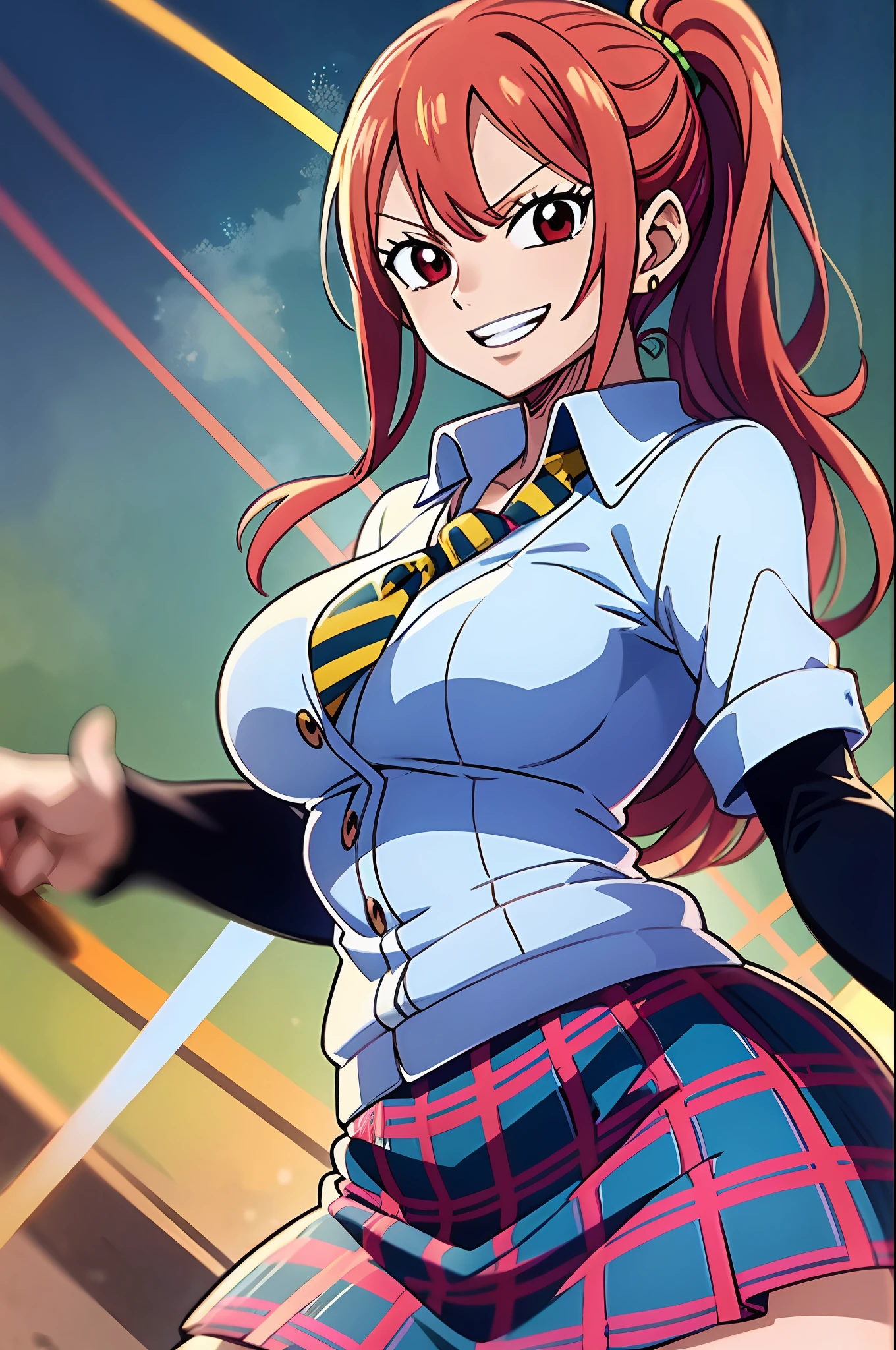 light smile,  attire, white blouse with yellow jacket, green striped tie, red plaid skirt, red eyes and red hair in a twin ponytail, (style of one piece and fairy tail anime), (illustrated by Eiichiro Oda and Hiro Mashima), (style mixing), Lucy Heartfilia, Nami