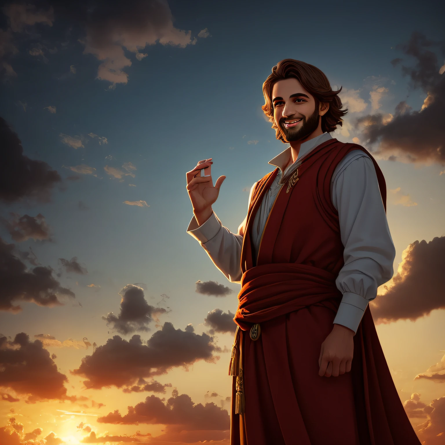 Qualidade de arte original, imagem de corpo inteiro, Biblical character animation style, com roupas dos judeus jovem e bonito Lucas, temente a Deus, barba pequena, standing posture, hands naturally placed on both sides, olhando para frente, macio, Smiling expression, olhos cheios de luz, luz de fundo branca, imagem em Israel. translucent, com luz como tema, the focus of light is on the characters, the overall picture is fresh and bright. --auto