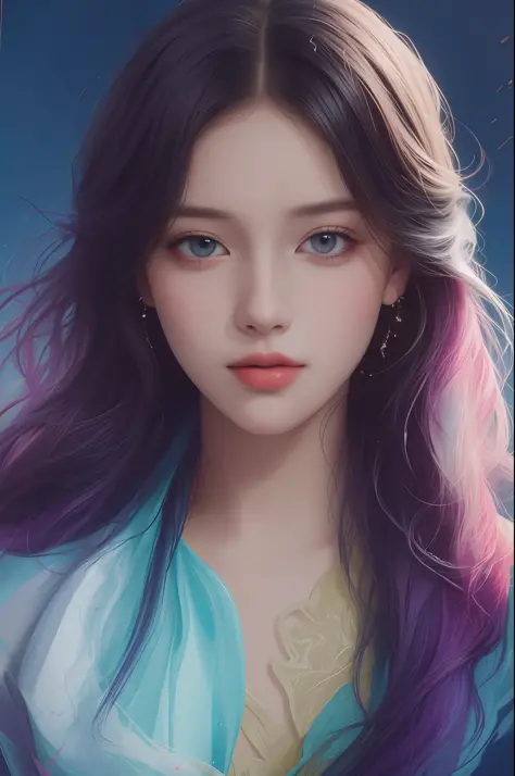 Colorful beautiful girl: a giru 8-years old, messy hair, oil painting, nice perfect face with soft skinice perfect face, blue yellow colors, light purple and violet additions, light red additions, intricate detail, splash screen, 8k resolution, masterpiece...