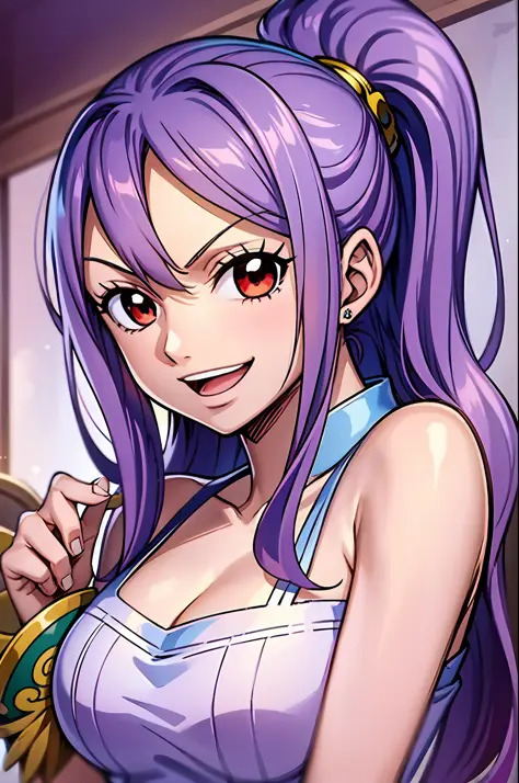 1girl, light smile, red eyes and purple hair in a twin ponytail, (style of one piece and fairy tail anime), (illustrated by Eiichiro Oda and Hiro Mashima), (style mixing), Lucy Heartfilia, Nami
