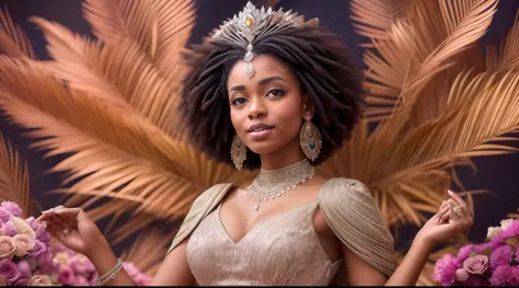 (adicionar_detalhe:1) Crie um retrato realista de uma princesa afro-americana. Ela tem cabelos volumosos em um estilo natural, a...