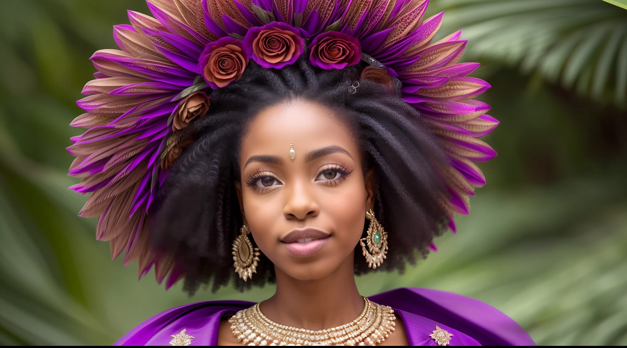 (adicionar_detalhe:1) Crie um retrato realista de uma princesa afro-americana. Ela tem cabelos volumosos em um estilo natural, adornado com flores coloridas. Your skin is a rich, tom profundo, radiante com um brilho natural. Her eyes are expressive and captivating. She wears a stunning gown in vibrant hues with intricate details that reflect her cultural heritage. Her posture is elegant and confident, conveying a magnetic presence.