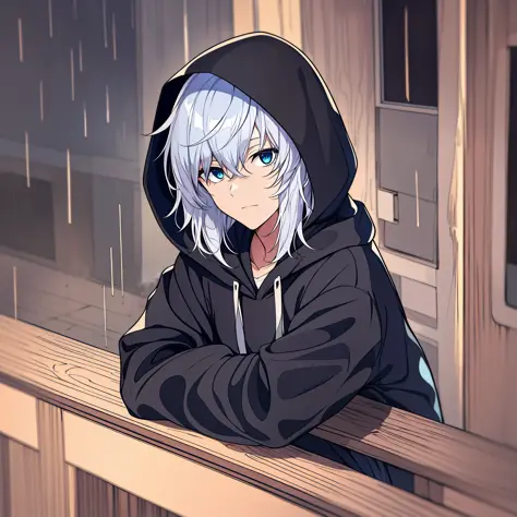 Older teenage Male with blue eyes and white hair, wearing a black hoodie, hood on his head, edgy, in the rain, on a balcony