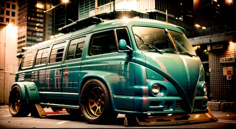 a close up of a green and black bus parked on a street, vw bus on a street, corpo largo, microbus, carrinha, vw microbus driving...