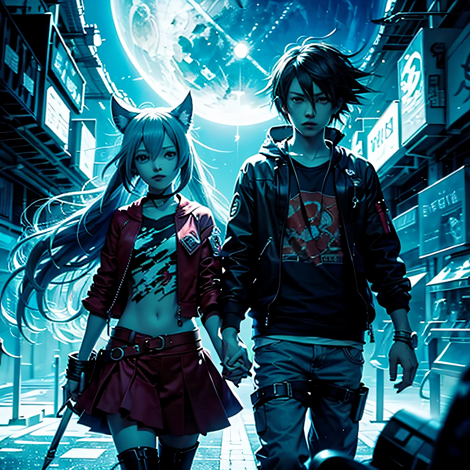 A couple of anime characters walking down a street in front of a full moon  - SeaArt AI