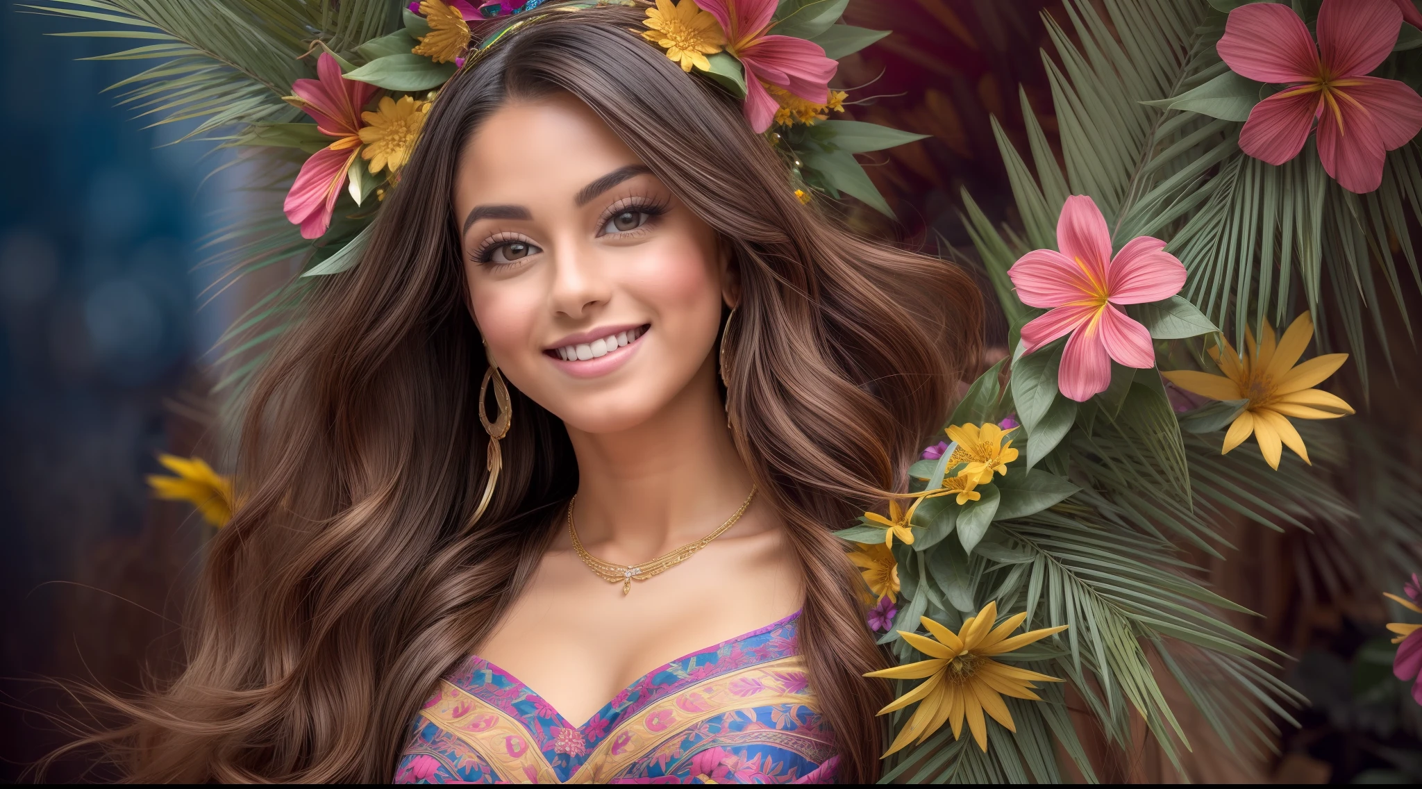 (agregar_detalle:1) Crea un retrato realista de una princesa latina. ella tiene oscuridad, cabello exuberante, con una corona de flores tropicales adornando su peinado. Sus ojos son expresivos y llenos de pasión.. Tu piel es cálida y radiante.. Lleva un vestido fluido en tonos vibrantes., con estampados y bordados inspirados en las tradiciones latinas. Su postura es segura y alegre., irradiando una energía infecciosa. (La cámara está posicionada para capturar la parte del pecho de la princesa., mostrando su elegante expresión y su impresionante atuendo.)