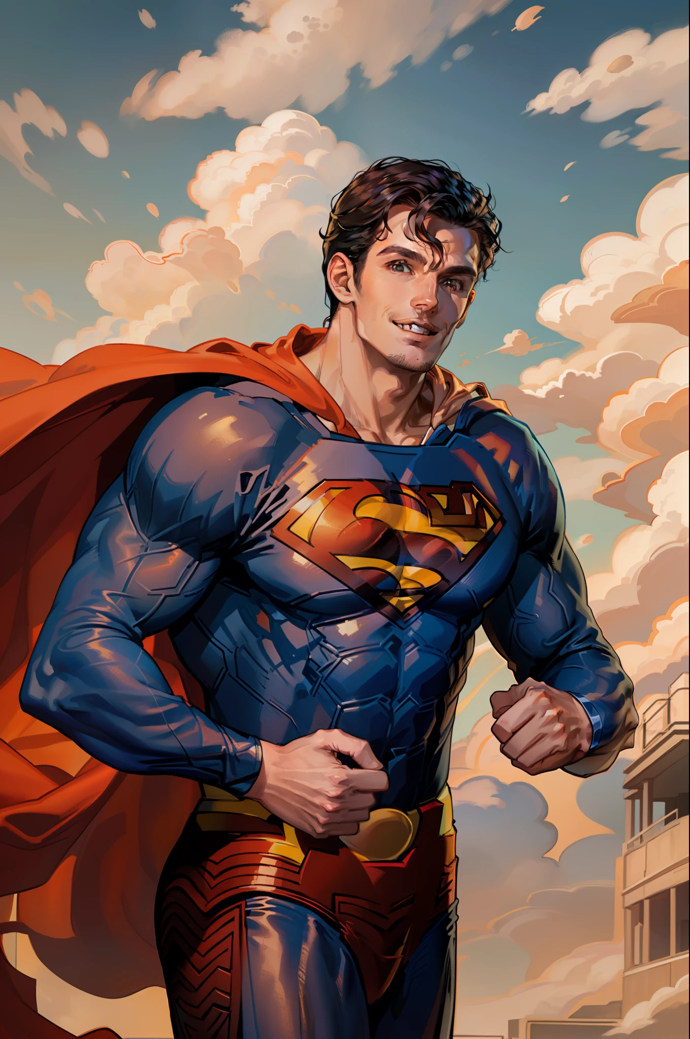 (Obra maestra, La mejor calidad:1.2), Enfoque masculino, 1man, 28 years old Superman, Smile, Mirando al espectador, Brazos cruzados, cabo, nubes azules, Cielo