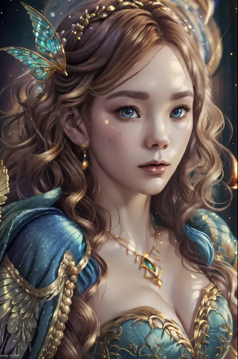 In the style of mythic and storybook fantasy, with rainbow colors. Generate a mature woman with a beautiful face. She is pouting. She has beautiful detailed eyes, 8k eyes, hires eyes, and realistic eyes. She has puffy lips and a big mouth. She has curly ha...