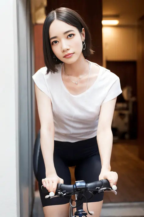 (((riding a bike)))、(Loose shirt、Camisole)、without panties、No bra、Wet and shiny skin、very small breasts、((little breasts:1.4))、(...