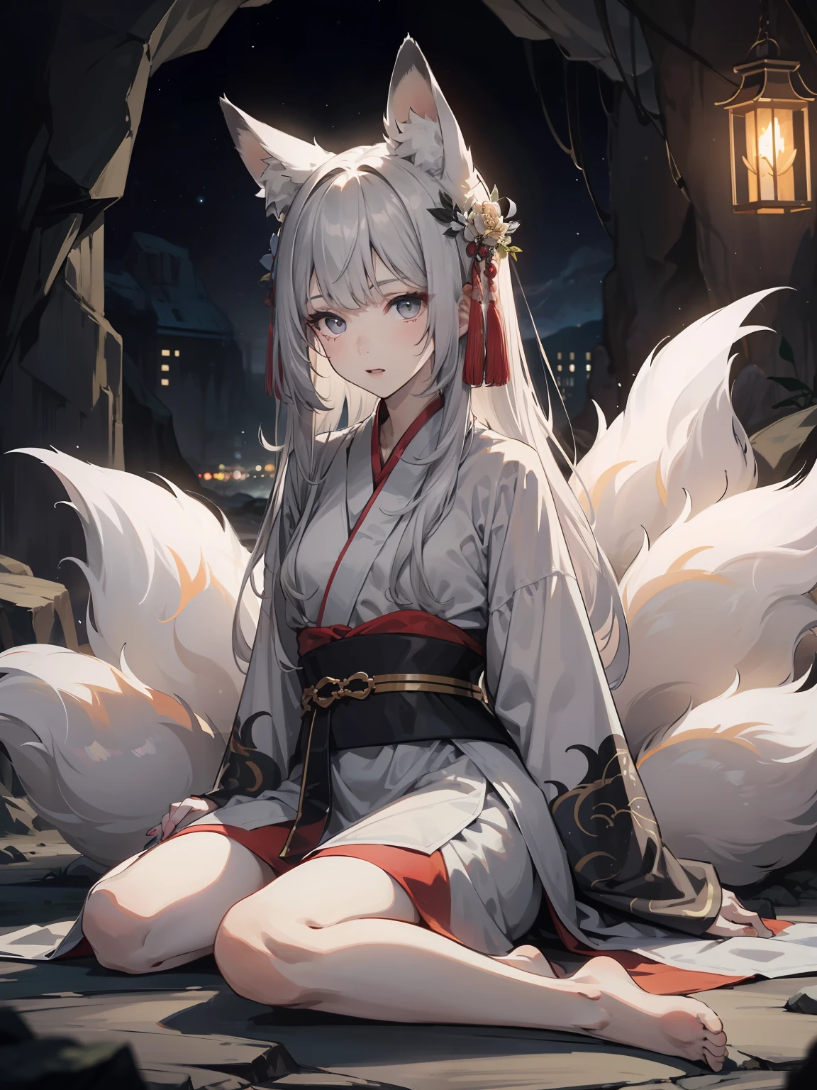 best qulity， Lifelike， 8K， high - resolution， 1girls， fox ear， Open your mouth，In the cave，Hanfu，sitting on the ground，（Dents in the skin）， 8 tails， （General lighting， Bokeh）， （night-time：1.2），（white gray hair：1.2），