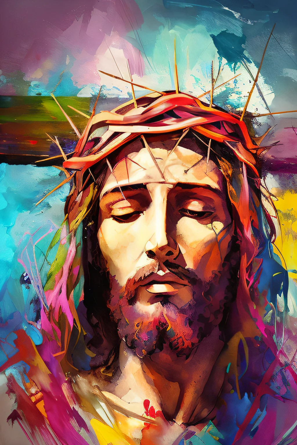 a painting of jesus with a crown of thorns on his head, Jesus Cristo, pintado em aquarelas brilhantes, Christian art, catholic religious art, rosto de jesus, Retrato de Jesus Cristo, jesus of nazareth, painted in high resolution, intrincada obra-prima colorida, pintura religiosa, coroa de espinhos, Arte de Alessandro Pautasso, Jesus na Cruz, Jesus Cristo na Cruz