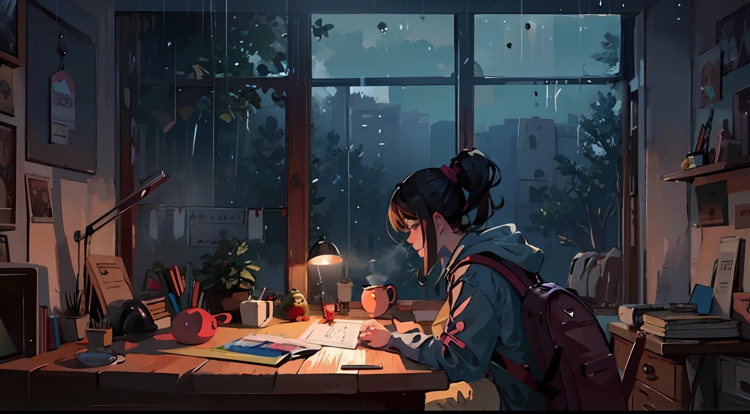 eine frau, die an einem schreibtisch mit einem buch und einer lampe sitzt, Regnerisches Wetter, Anime atmosphärisch, Regen Ästhetik, Es regnet draußen, Regnerischen Tag, regnerischer Nachmittag, regnerischer Tag draußen, Elogio Artstyle, Anime-Ästhetik,  Lob, künstlerisch. Alena Aenami, Anime-Stimmung, arte lofi, Anime-Kunst-Hintergrundbild 4k, Anime-Kunst-Hintergrundbild 4k