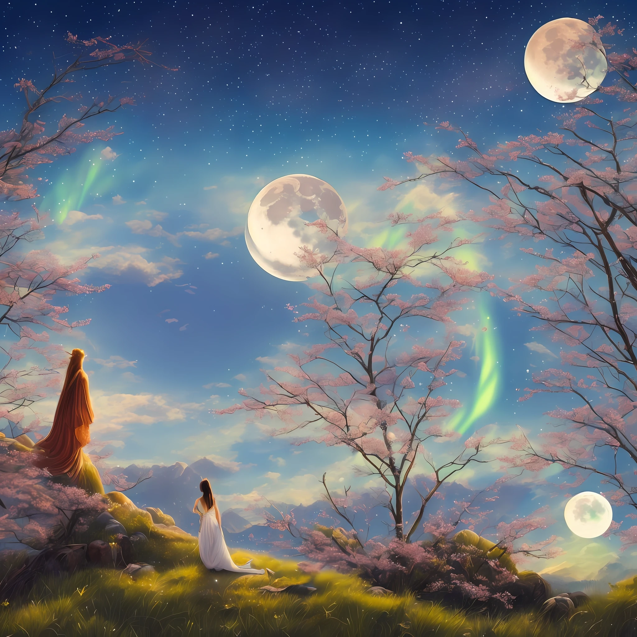 ((best quality)), ((masterpiece)), ((realistic)), ((beautiful female moon)), celestial body struck, comet impact, moon broken in half, surrounded by debris, fragmented, aurora dancing, spring evening, rabbit observer, glimmering stars, forest mist below, on eye level, scenic, masterpiece --auto