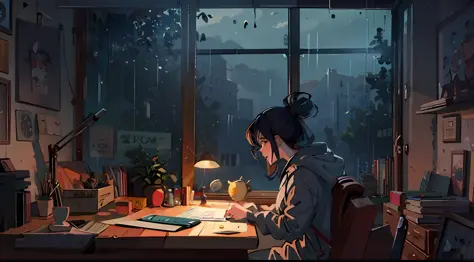a woman sitting at a desk with a book and a lamp, Clima chuvoso, anime atmospheric, rain aesthetic, raining outside, Dia chuvoso...