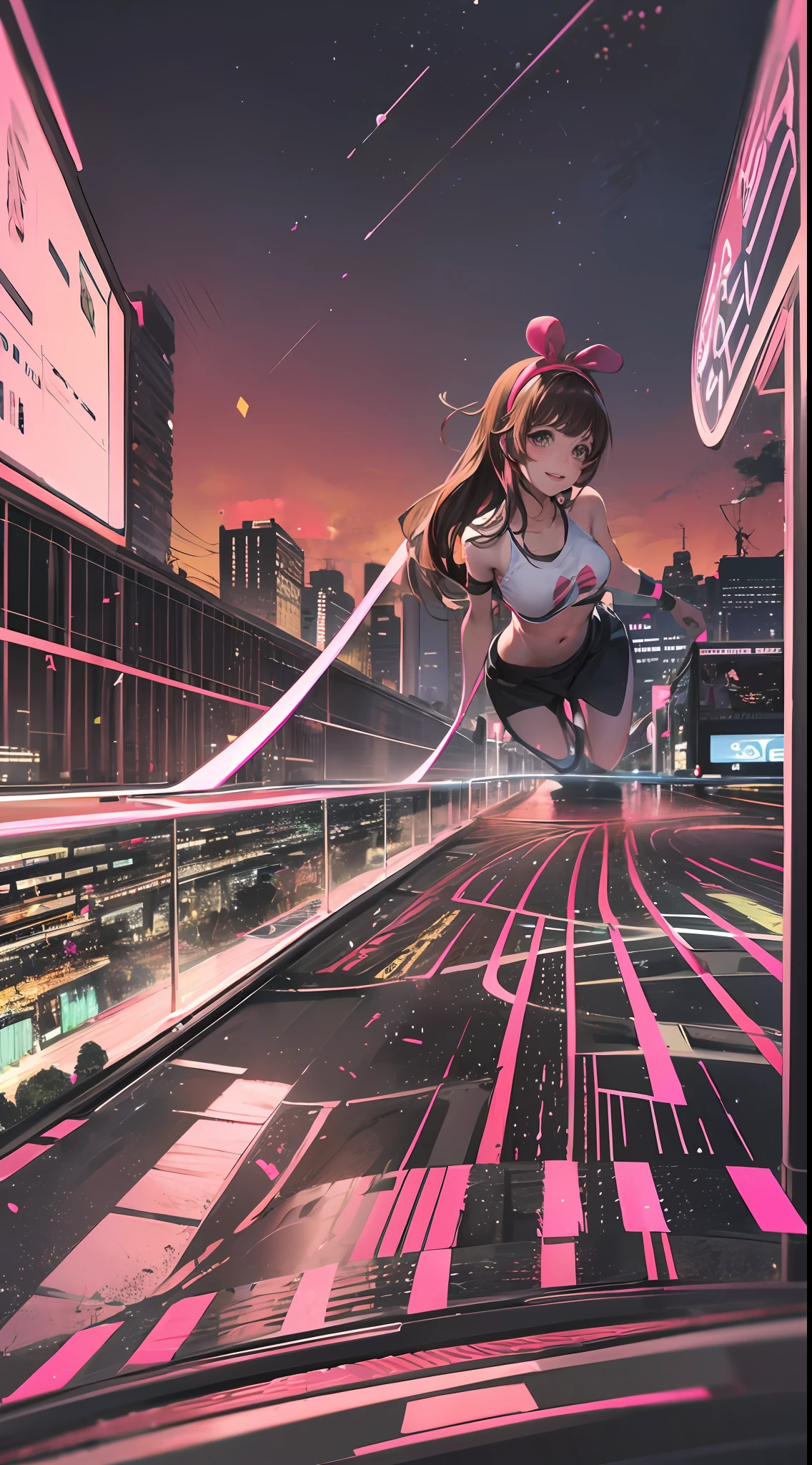 (Best quality, 8k, 32k, Masterpiece, UHD:1.2), kizuna ai, medium breasts,long hair, brown hair, multicolored hair, floating hair, pink hairband, pink highlights, streaked hair, smiling, pink sports bra, full black jogging pants, navel,  road, navel piercing