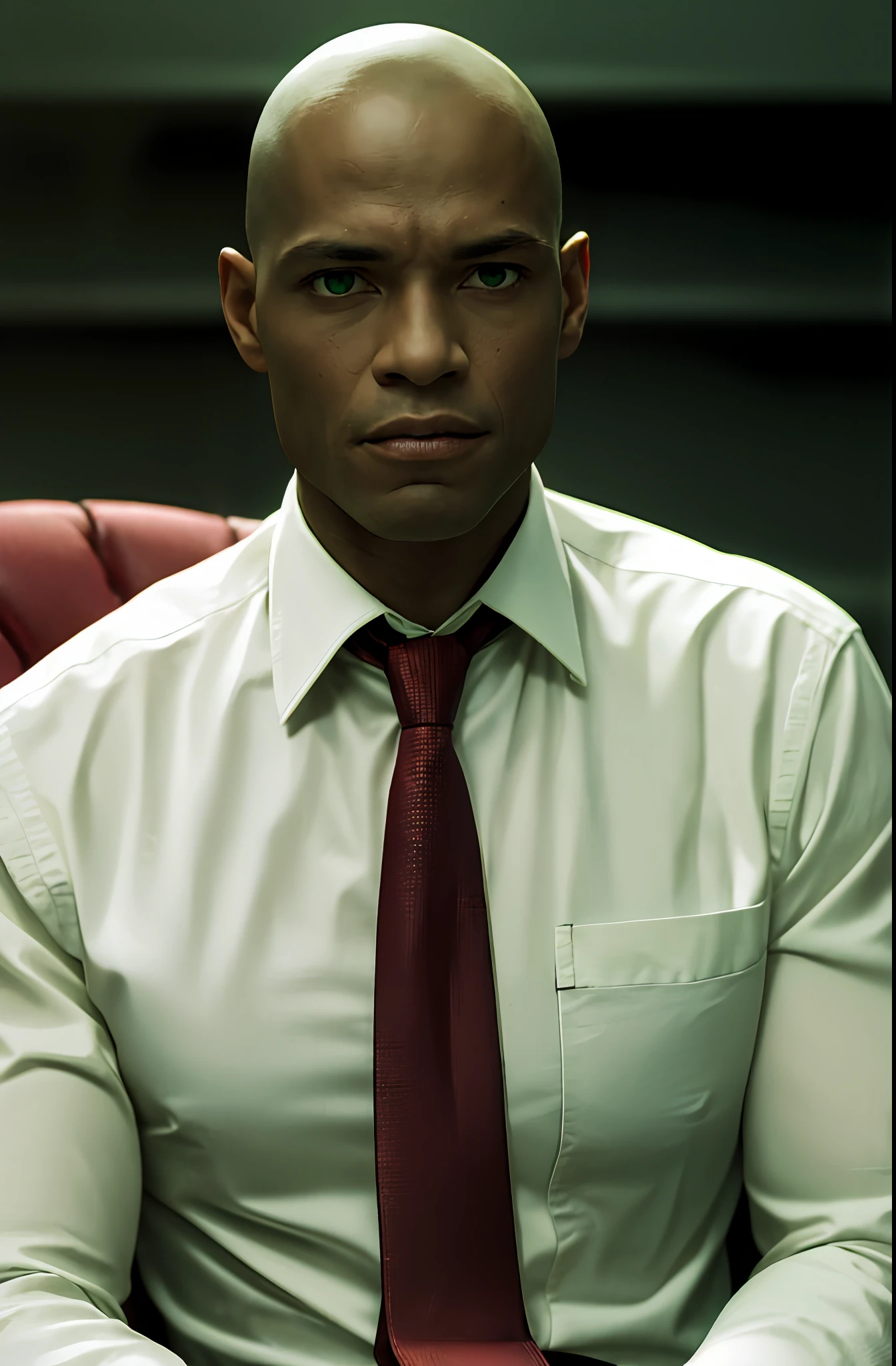 masterpiece, (photorealistic:1.5), realistic, best quality, beautiful lighting, professional lighting, film grain, 
1boy, male focus, solo, realistic, bald, looking at viewer, green eyes, blurry, dark skin, formal, shirt, closed mouth, necktie, red chair