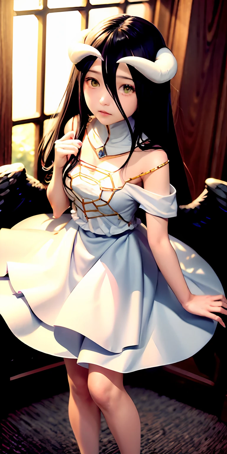 hig quality、Masterpiece、albedo、devil horns、White dress