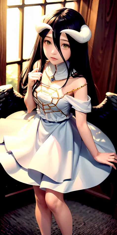 hig quality、masterpiece、albedo、devil horns、white dress