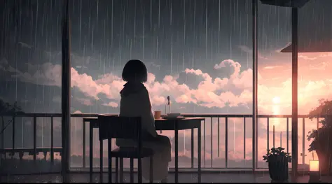 a woman sitting at a table with a book and a lamp, clima chuvoso, anime atmospheric, rain aesthetic, raining outside, dia chuvos...