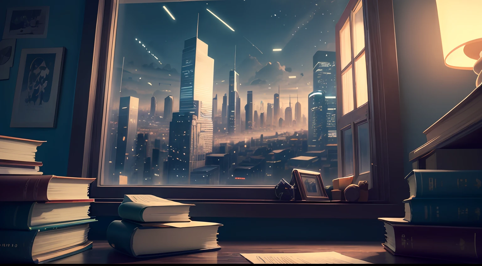 At night, there are dim blue-green lights indoors, bookshelves half full of books, various items on the tabletop, windows directly in front of the window, windows account for a quarter of the picture, night view of the city outside the window, anime style 4 K, cyberpunk anime, 4k anime wallpaper, anime art wallpaper 8 k, anime style. 8K, digital cyberpunk anime art --auto