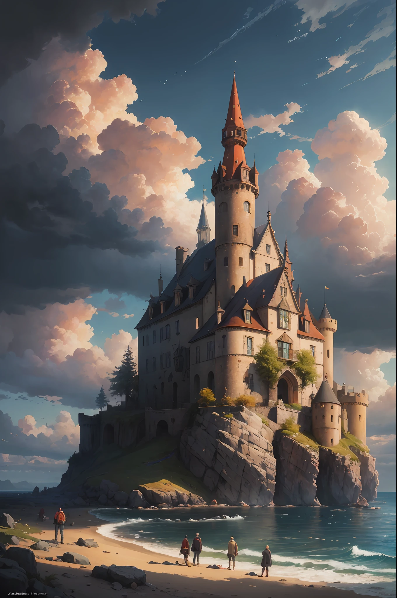 تحفة Dreamlikeart absurdres Highres أفضل جودة Alois Arnegger أنطوان بلانشارد قلعة المدينة غابة البحر السماء الغيوم