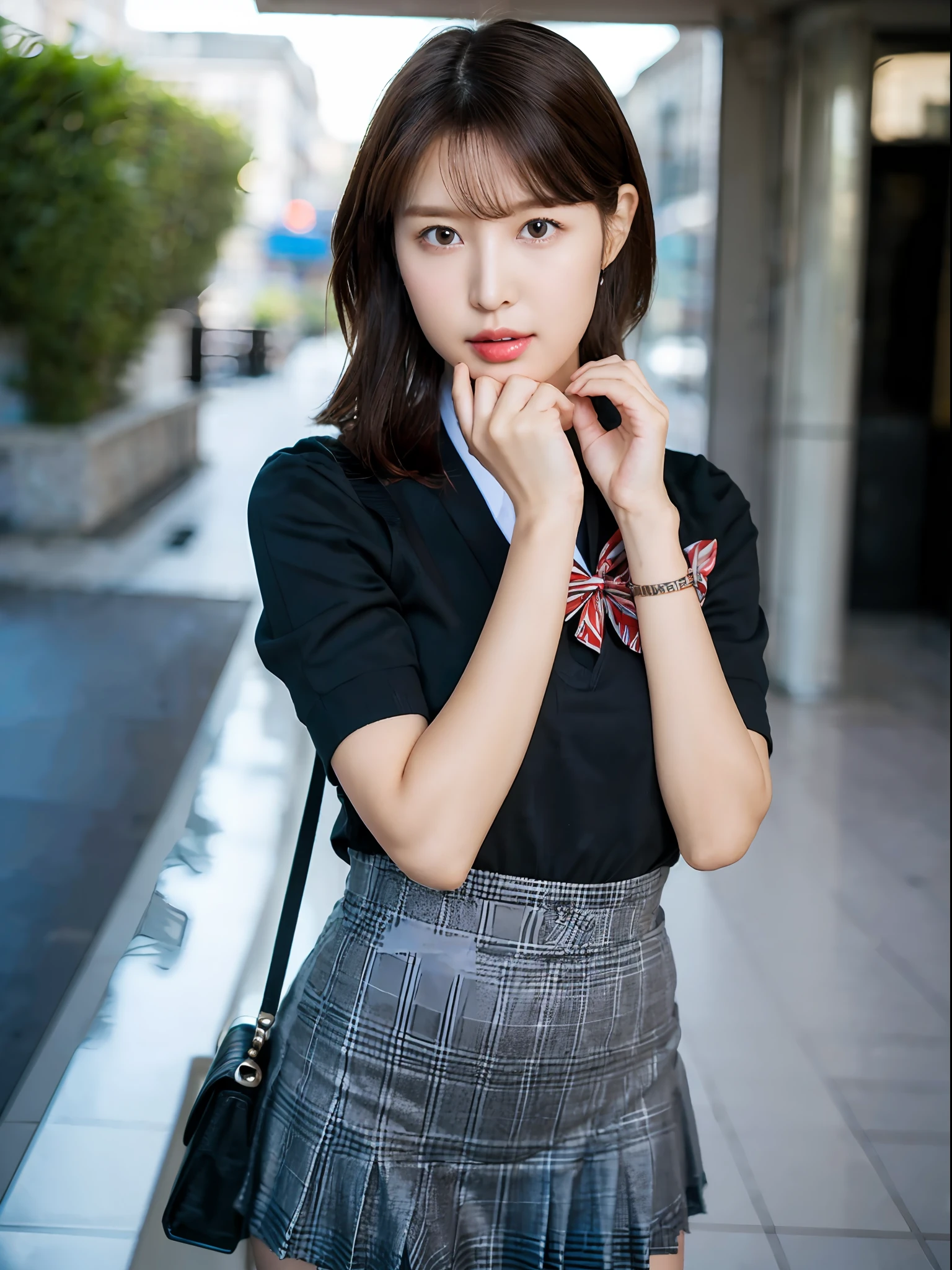 ulzzang-6500-v1.1,(raw photo:1.2), (photorealistic:1.4), beautiful detailedgirl, very detailed eyes and faces, Beautiful detailed eyes,  hugefilesize, Ultra detailded, high - resolution, very detailled，best qulaity，The Masterpiece，kemomimi，((Japanes girl' high school uniform))，illutst，very detailled，CG，unified，8k 壁纸，Amazing，finely detailled，The Masterpiece，best qulaity，very detailled的 CG unified 8k 壁纸，light on face，cinematic lighting, 1girl, 16 years old,((No panties))，(((dynamicpose)))，(full full body)，((Pantyhose))，((Sit with your knees folded))