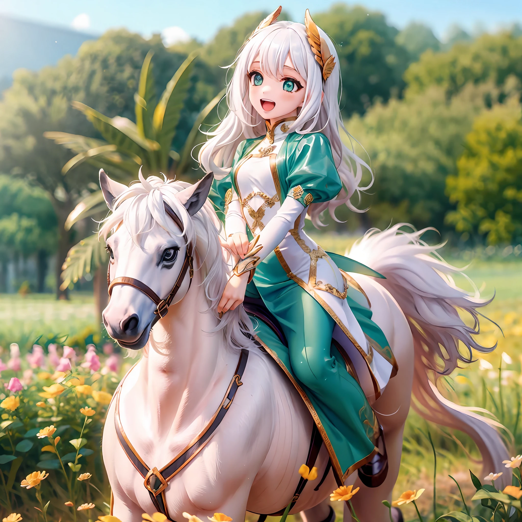 masterpiece, best quality, ultra-detailed, 1girl, mid shot, sharp focus, depth of field, very long hair, disheveled hair, wavy hair, (white hair), small breasts, Haute_Couture, in a turtleneck_style light aqua dress, jewelry, riding on a unicorn pegasus, in a field of green plants and flowers, smile, open mouth