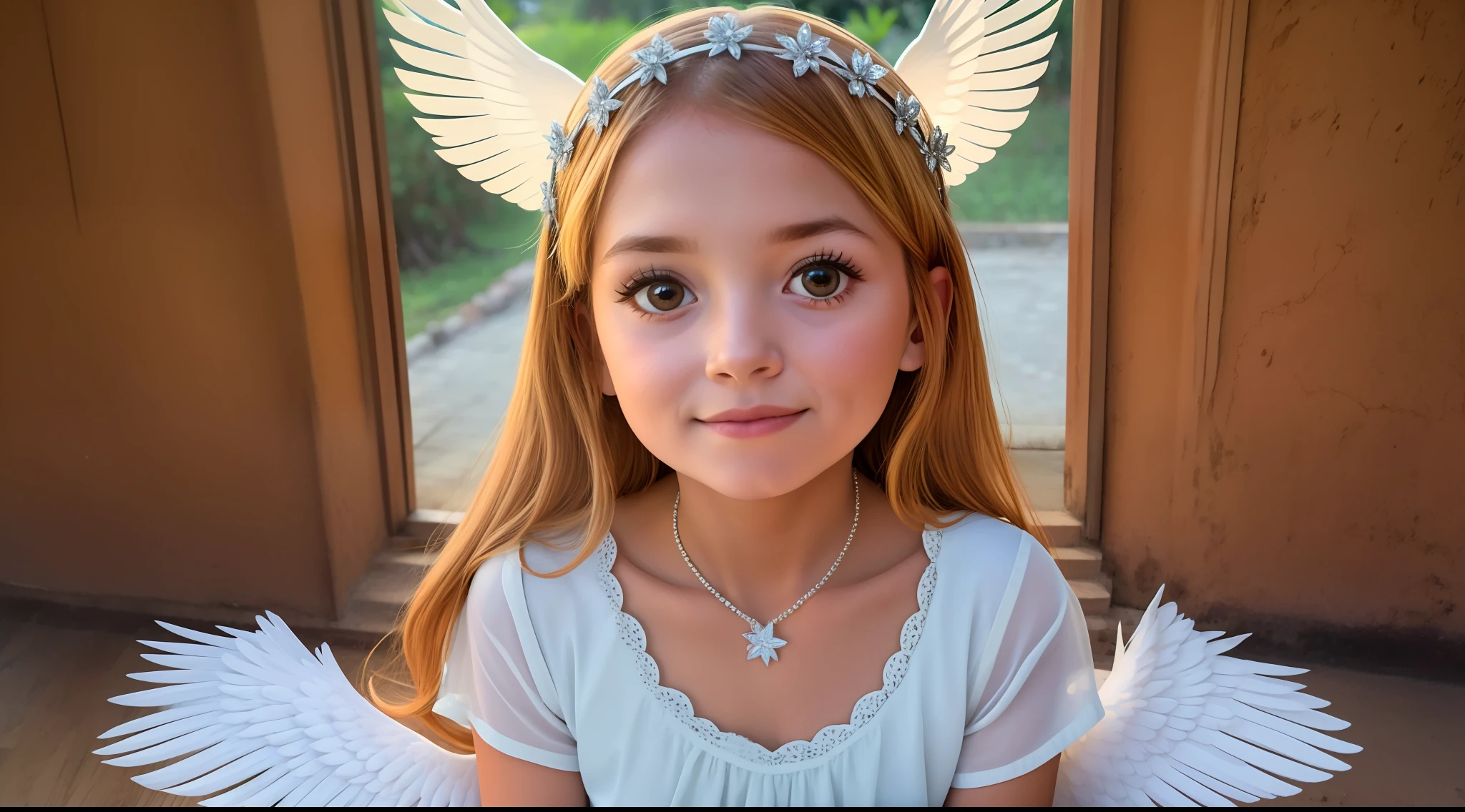 A beautiful 6-year-old blonde girl dressed as an angel with white wings and a halo on her head, de uma menina angel bonita, menina com asas de angel,  do angel, angels em vestidos de gaze branca, usando halo de angel, asas de angel grande bem aberto, angel, envolvendo o rosto coberto de halo de angel, girl-centered panoramic view, full-body photos, de angel lindo