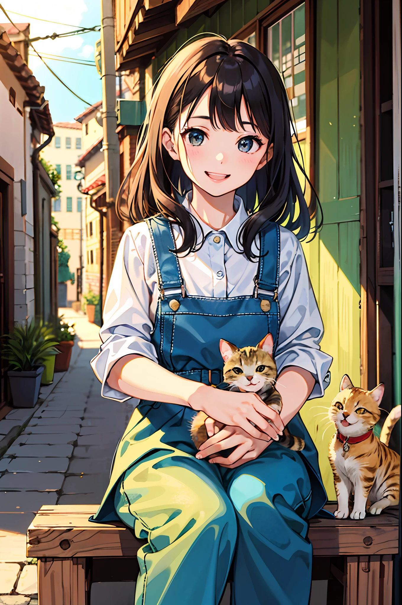 best quality, high resolution, distinct image, (many (detailed) little cats) and one lady:1.3), focus on cat, little (detailed) cats around girl,background is back alley, detasiled sunlight, sitting, girl looking viewer, front view, (cats looking viewer:1.2), (happy:1.3) , (kitten),she is standing