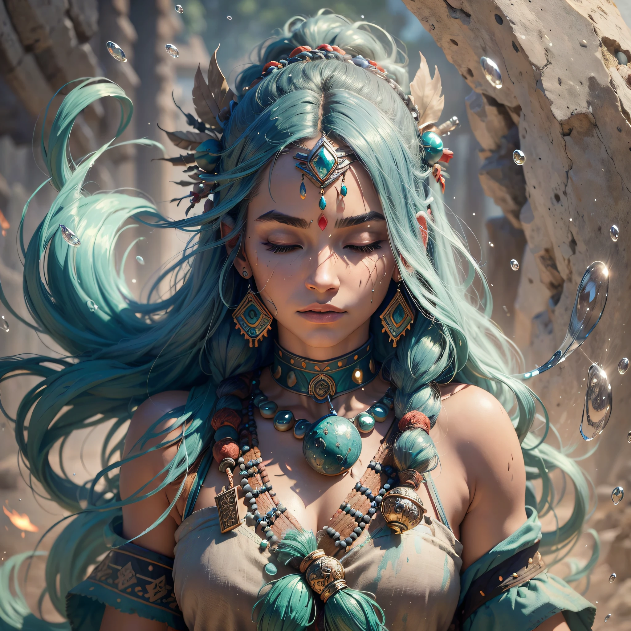 (full portrait), (half shot), solo, detailed background, detailed face, (stonepunkAI, stone theme:1.1), wise, (female), (native american), (beautiful hair, braids:0.2), shaman, septum piercing, mystical, (gorgeous face), stunning, head tilted upwards, (eyes closed, serene expression), calm, meditating, Seafoam Green frayed clothes, prayer beads, tribal jewelry, feathers in hair, headdress:0.33, jade, obsidian, detailed clothing, cleavage, realistic skin texture, (floating particles, water swirling, embers, ritual, whirlwind, wind:1.2), sharp focus, volumetric lighting, good highlights, good shading, subsurface scattering, intricate, highly detailed, ((cinematic)), dramatic, (highest quality, award winning, masterpiece:1.5), (photorealistic:1.5), (intricate symmetrical warpaint:0.5),