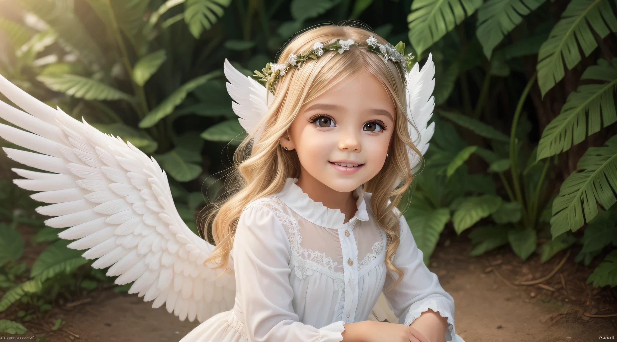 A beautiful 6-year-old blonde girl dressed as an angel with white wings and a halo on her head, de uma menina angel bonita, menina com asas de angel,  do angel, angels em vestidos de gaze branca, usando halo de angel, asas de angel grande bem aberto, angel, envolvendo o rosto coberto de halo de angel, girl-centered panoramic view, full-body photos, de angel lindo