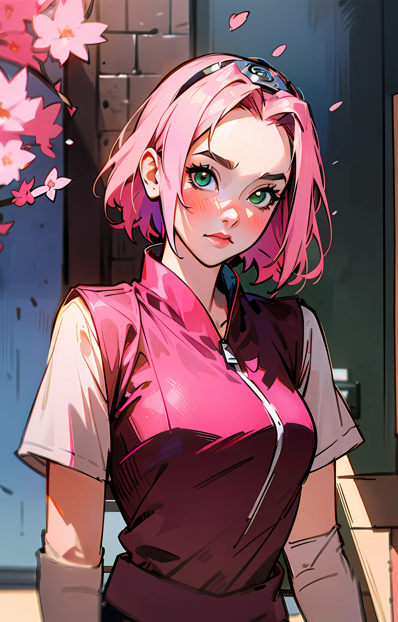 sakura haruno, ((独奏)), alone, ((head to show)), chic,wearing a red blouse and a light pink skirt,  sakura haruno em Naruto Shippuden,  she's charming, appealing, pink  hair, dainty, Youngh, shorth hair, detailded, hight definition, ((fully body)), she's in her house looking at a picture, gazing at viewer,  she's a beautiful woman ,  beautiful and nice woman, Linda, Bela, high qualiy, defined eyes, hight definition, shiny, sharp strokes, Linda, red bow in hair,trending on artstation, by rhads, andreas rocha, rossdraws, makoto shinkai, laurie greasley, lois van baarle, ilya kuvshinov and greg rutkowski