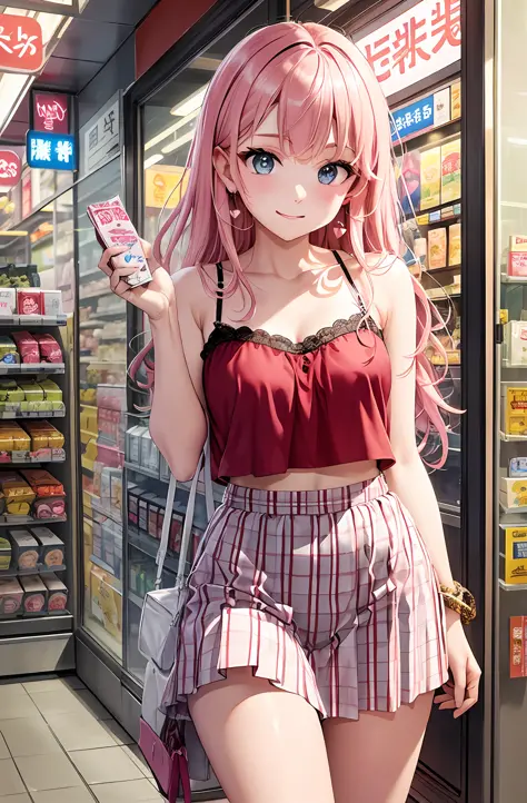 portrait art 15。pink hair。long hairs。preated skirt。camisole。ear ring。heart-shaped chest。happy look。inside a convenience store、ha...