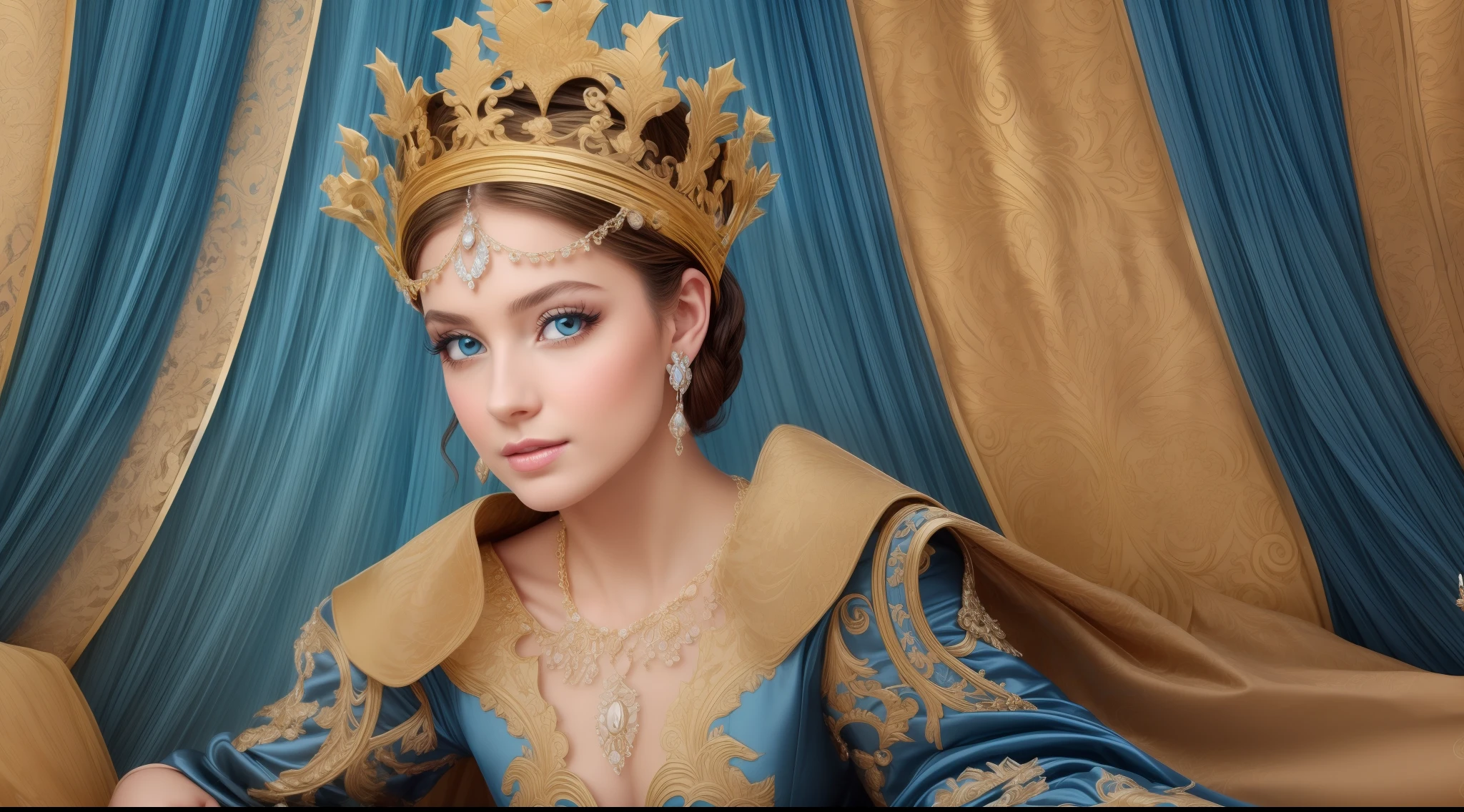 Imagine a French princess with curly blonde hair, sparkling blue eyes and an elegant Rococo-style dress in shades of blue and gold. The crown on your head should be ornate, inlaid with precious stones.(adicionar_detail:1)