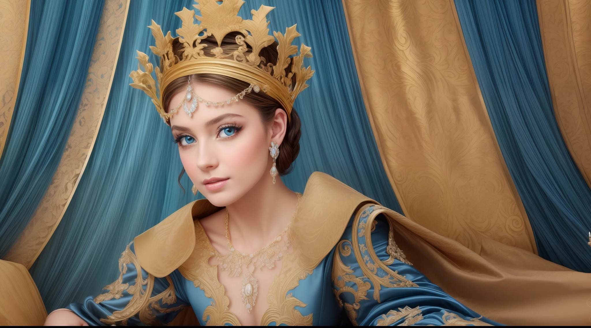 Imagina una princesa francesa con cabello rubio y rizado., ojos azules brillantes y un elegante vestido de estilo rococó en tonos azules y dorados.. La corona en tu cabeza debe ser adornada., incrustado com pedras preciosas.(adicionar_detalle:1)