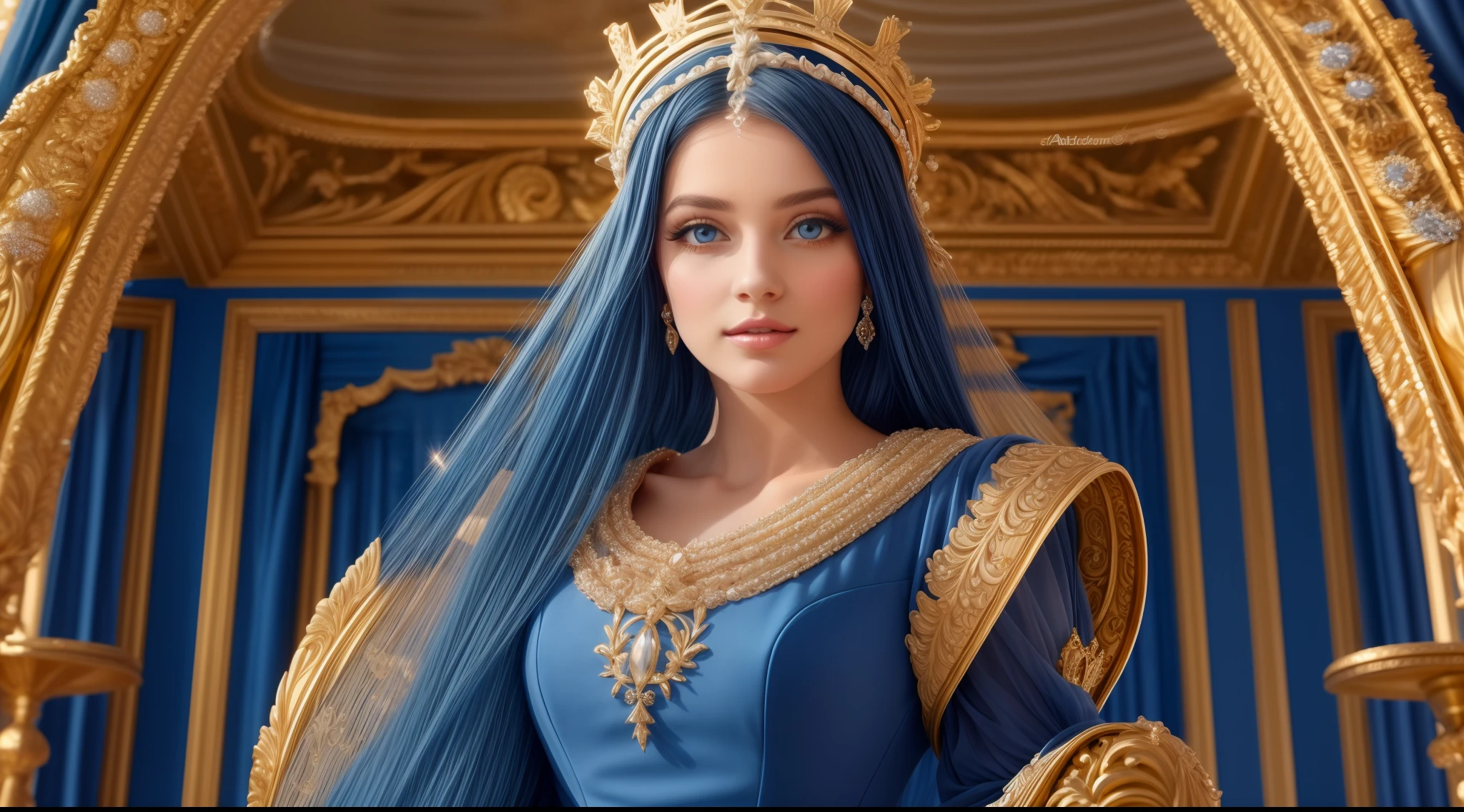 Imagine a French princess with curly blonde hair, sparkling blue eyes and an elegant Rococo-style dress in shades of blue and gold. The crown on your head should be ornate, inlaid with precious stones.(adicionar_detail:1)