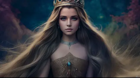 Criar uma imagem de uma princesa indiana com escuro, cabelos ondulados, olhos castanhos profundos e um lindo sari em tons vibran...