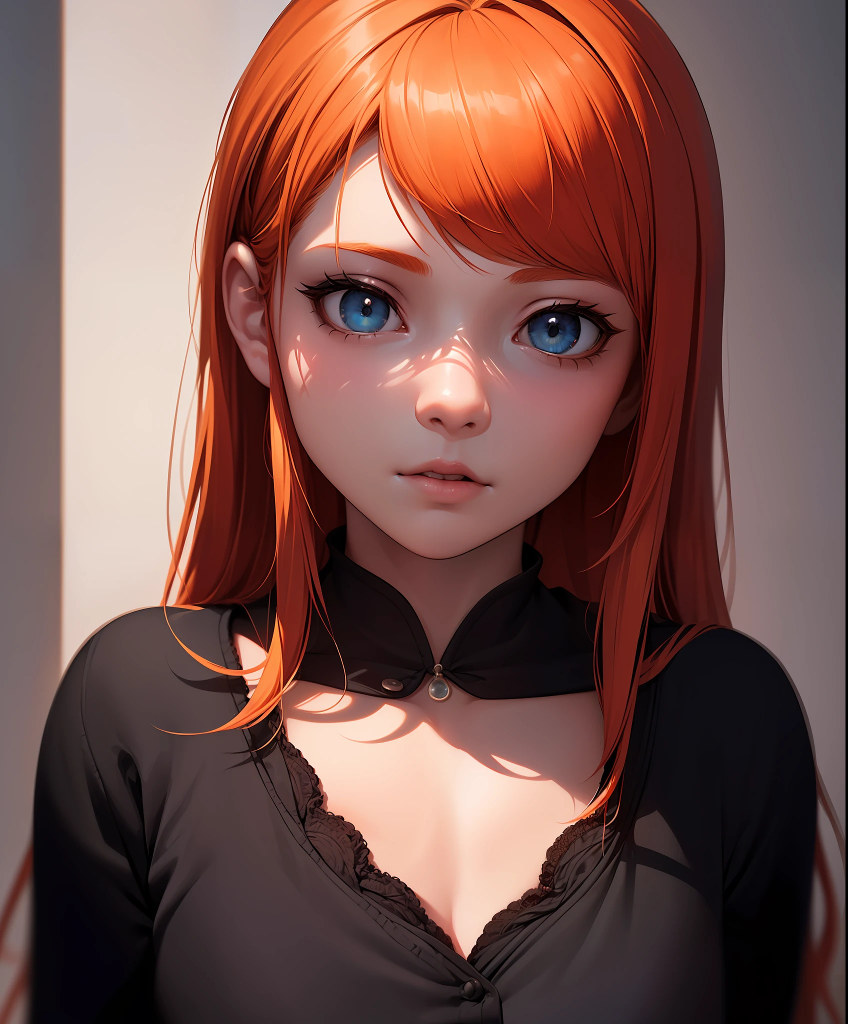 anime style, model shoot style, (upper body) photo of a ((little girl:1.6)), (1girl, young girl, small body), (orange hair, long hair:1.3), (black dress),
((pretty  face: 1.7, perfect face:1.5)), (best quality:1.5, hyperrealistic:1.5, photorealistic:1.4, Madly detailed CG unity 8k wallpaper:1.5,
masterpiece:1.3, Madly detailed photo:1.2), (hyper-realistic lifelike texture:1.4, realistic eyes:1.2), (octane render, unreal engine 5),
(ecstasy of light and shadow:1.5, deep shadow:1.5), (sony a7, 50 mm, film grain:1.5, 4K UHD HDR),
(photo by lee jeffries, Greg Rutkowski and Magali Villanueva)