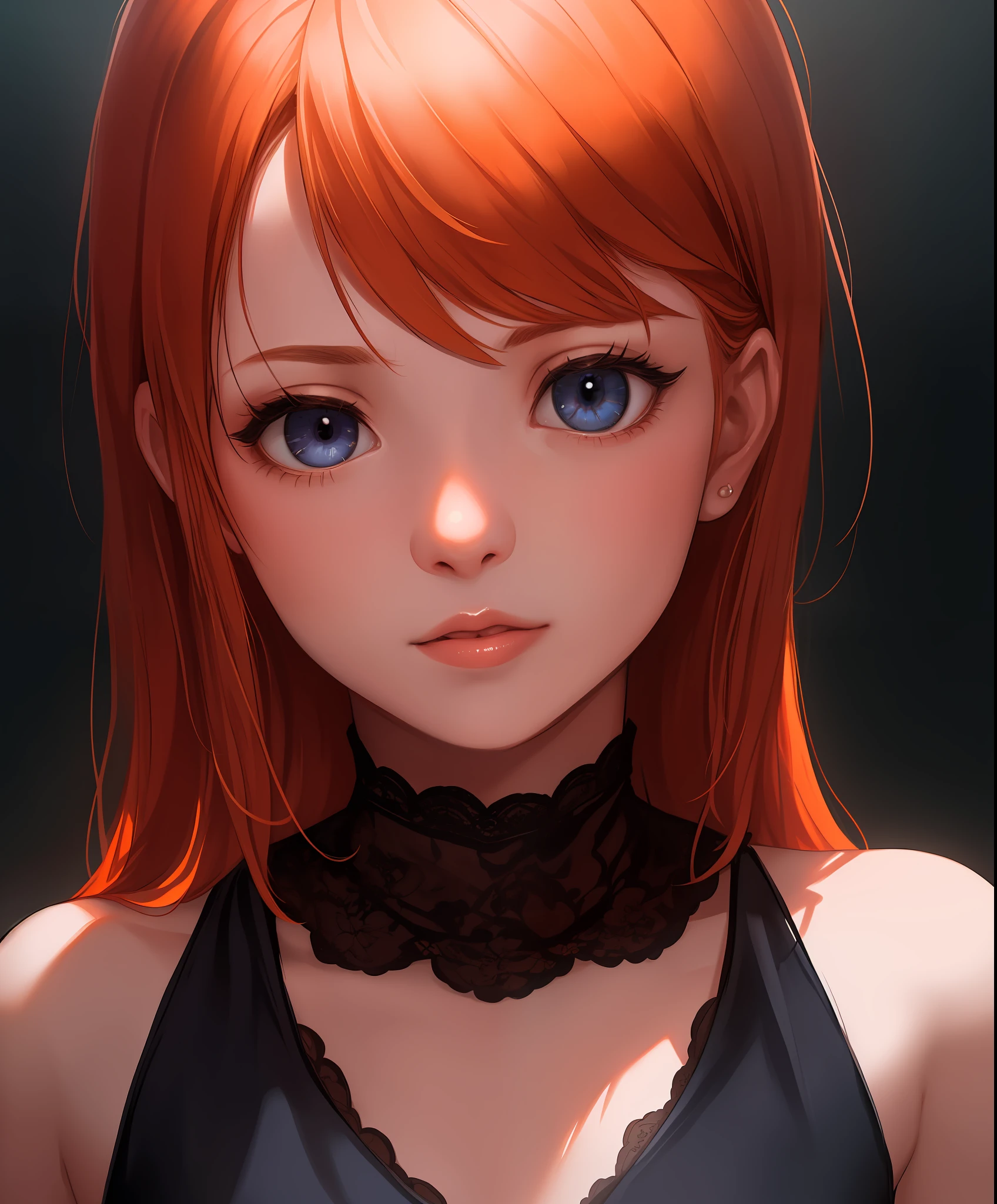 anime style, model shoot style, (upper body) photo of a ((little girl:1.6)), (1girl, young girl, small body), (orange hair, long hair:1.3), (black dress),
((pretty  face: 1.7, perfect face:1.5)), (best quality:1.5, hyperrealistic:1.5, photorealistic:1.4, Madly detailed CG unity 8k wallpaper:1.5,
masterpiece:1.3, Madly detailed photo:1.2), (hyper-realistic lifelike texture:1.4, realistic eyes:1.2), (octane render, unreal engine 5),
(ecstasy of light and shadow:1.5, deep shadow:1.5), (sony a7, 50 mm, film grain:1.5, 4K UHD HDR),
(photo by lee jeffries, Greg Rutkowski and Magali Villanueva)