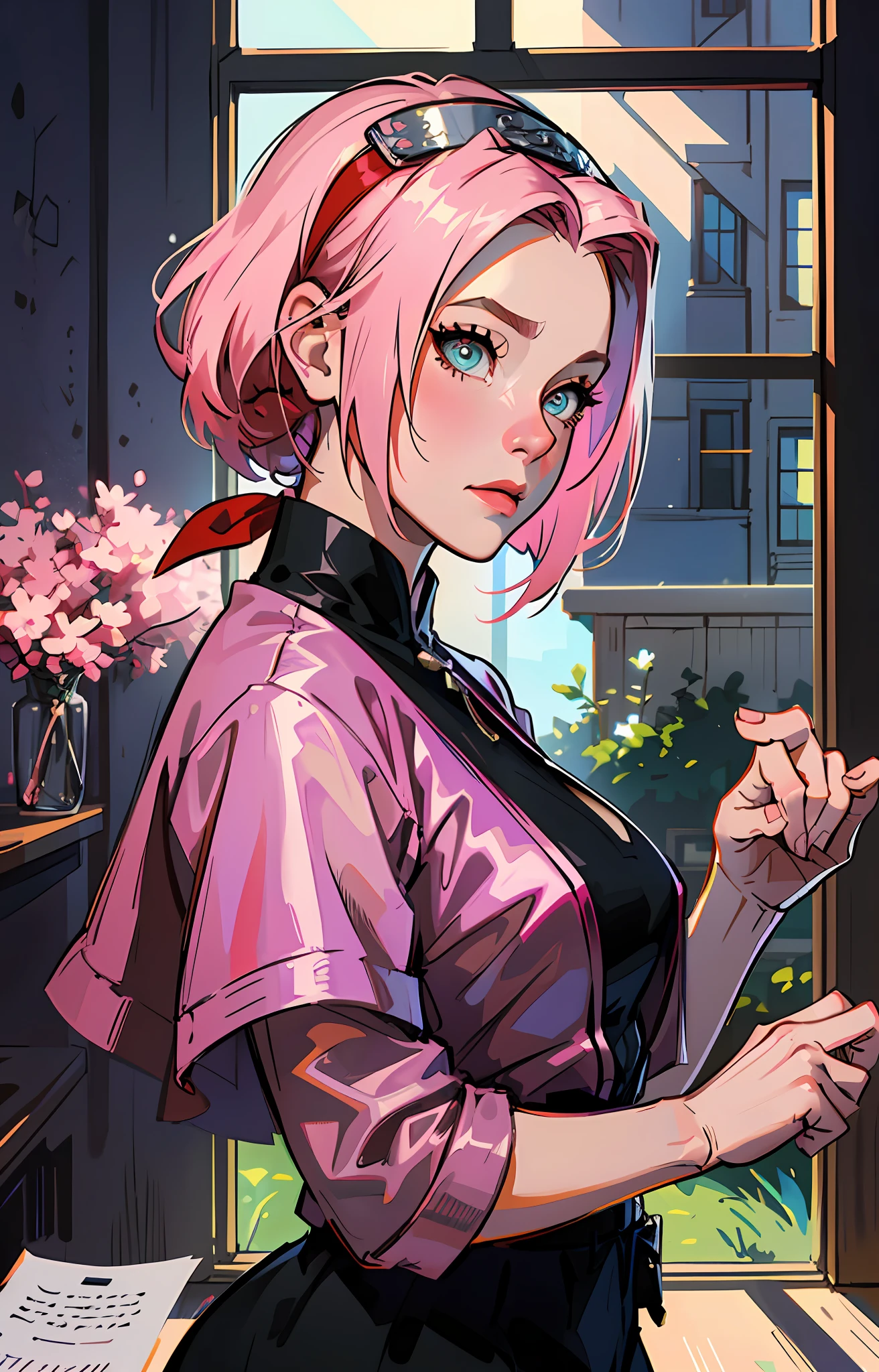 sakura haruno, ((soli)), alone, ((Head for the exhibition)), chic,wearing a red blouse and a light pink skirt,  Sakura Haruno in Naruto Shippuden,  she's charming, appealing, pink  hair, dainty, Youngh, shorth hair, detailded, hight definition, ((fully body)), she's in her house looking at a picture, gazing at viewer,  she's a beautiful woman ,  beautiful and nice woman, Linda, Bela, high qualiy, defined eyes, hight definition, shiny, sharp strokes, Linda, red bow in hair,trending on ArtStation, por RHADS, andreas rocha, Horse, Makoto Shinkai, Laurie Greasley, lois van baarle, Ilya Kuvshinov e Greg Rutkowski