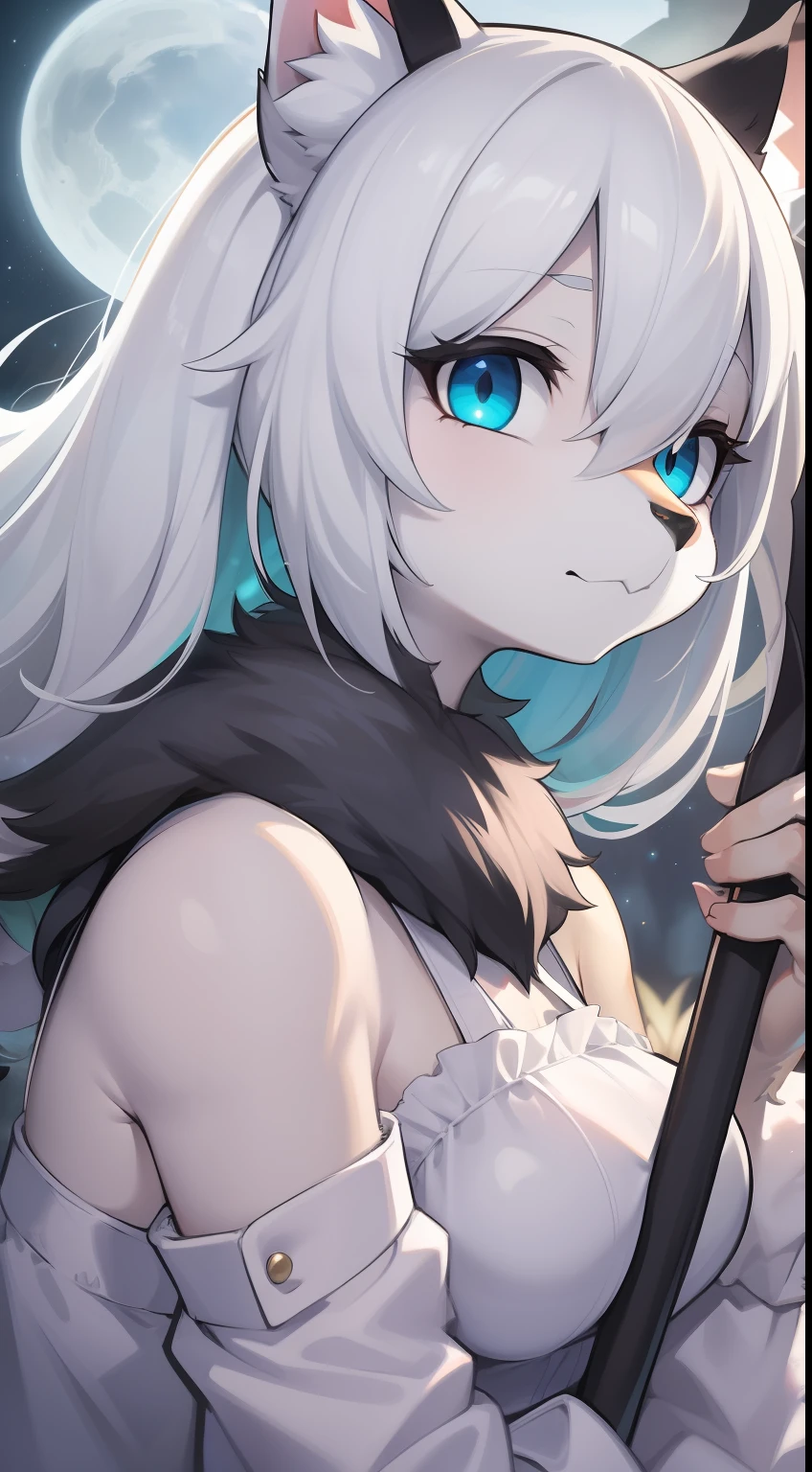 Cat girl，was hairy，shaggy，Skin fur，White fur，Forelimb hands， solid circle eyes，White ears，White face fur ，One side of the eye is blue，The other eye is blue-green，Super cute face，With a scythe，Raven on the shoulder，White dress，Ambient light，Ultra-fine fur，volumettic light，White hair, hair splayed out, Shiny hair, low twintails, solid circle eyes, dashed eyes, bangs, wicked, Contrast of light and shade, Ultra HDR, Masterpiece, Super detail，ruin，Night，Galaxy River