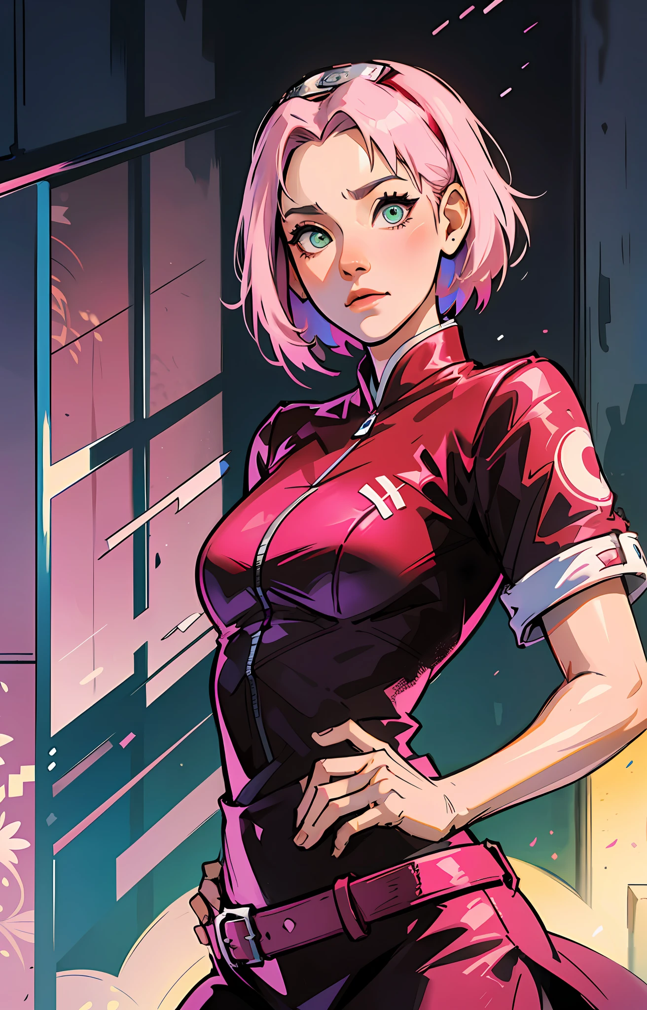 sakura haruno, ((soli)), alone, ((Head for the exhibition)), chic,wearing a red blouse and a light pink skirt,  Sakura Haruno in Naruto Shippuden,  she's charming, appealing, pink  hair, dainty, Youngh, shorth hair, detailded, hight definition, ((fully body)), she's in her house looking at a picture, gazing at viewer,  she's a beautiful woman ,  beautiful and nice woman, Linda, Bela, high qualiy, defined eyes, hight definition, shiny, sharp strokes, Linda, red bow in hair,trending on ArtStation, por RHADS, andreas rocha, Horse, Makoto Shinkai, Laurie Greasley, lois van baarle, Ilya Kuvshinov e Greg Rutkowski