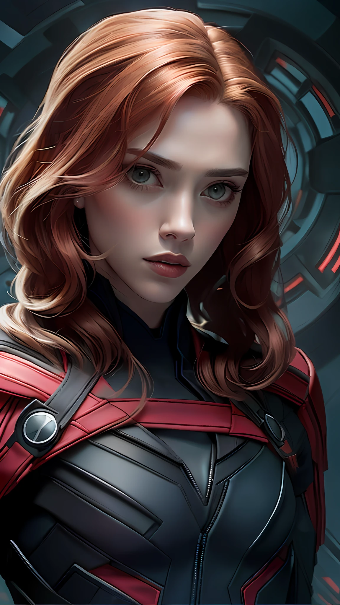 Scarlett playing, Black Widow, serious face, looking forward,