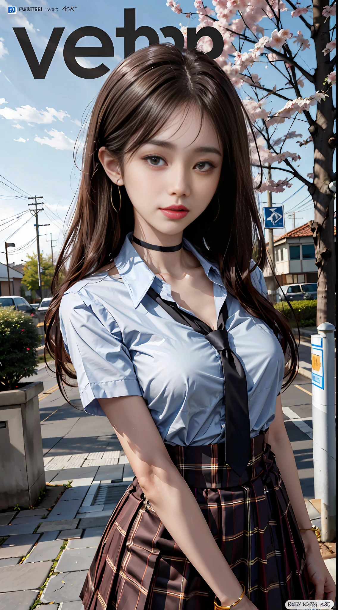 masterpiece, best quality, full body, 1girl, bangs, black choker, black necktie, black hair, blue skirt, blush, bracelet, breasts, choker, clothes around waist, collarbone, collared shirt, cowboy shot, dress shirt, ear piercing, eyebrows visible through hair, gradient hair, grin, gyaru, jewelry, kogal, long hair, looking at viewer, loose necktie, necktie, piercing, plaid, plaid skirt, pleated skirt, red eyes, ring, school uniform, shirt, skirt, smile, solo, white shirt, street, sky, cherry blossoms, petals,illustration, (magazine:1.3), (cover-style:1.3), fashionable, woman, vibrant, outfit, posing, front, colorful, dynamic, background, elements, confident, expression, holding, statement, accessory, majestic, coiled, around, touch, scene, text, cover, bold, attention-grabbing, title, stylish, font, catchy, headline, larger, striking, modern, trendy, focus, fashion,