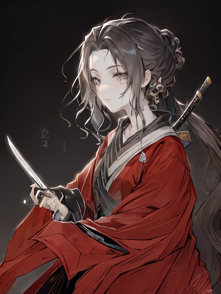 Um desenho colorido de uma mulher com uma espada e um arco, Extremamente fina Ink Lineart, She's holding a Katana Sword, flowing hair and long robes, monte fuji ao fundo