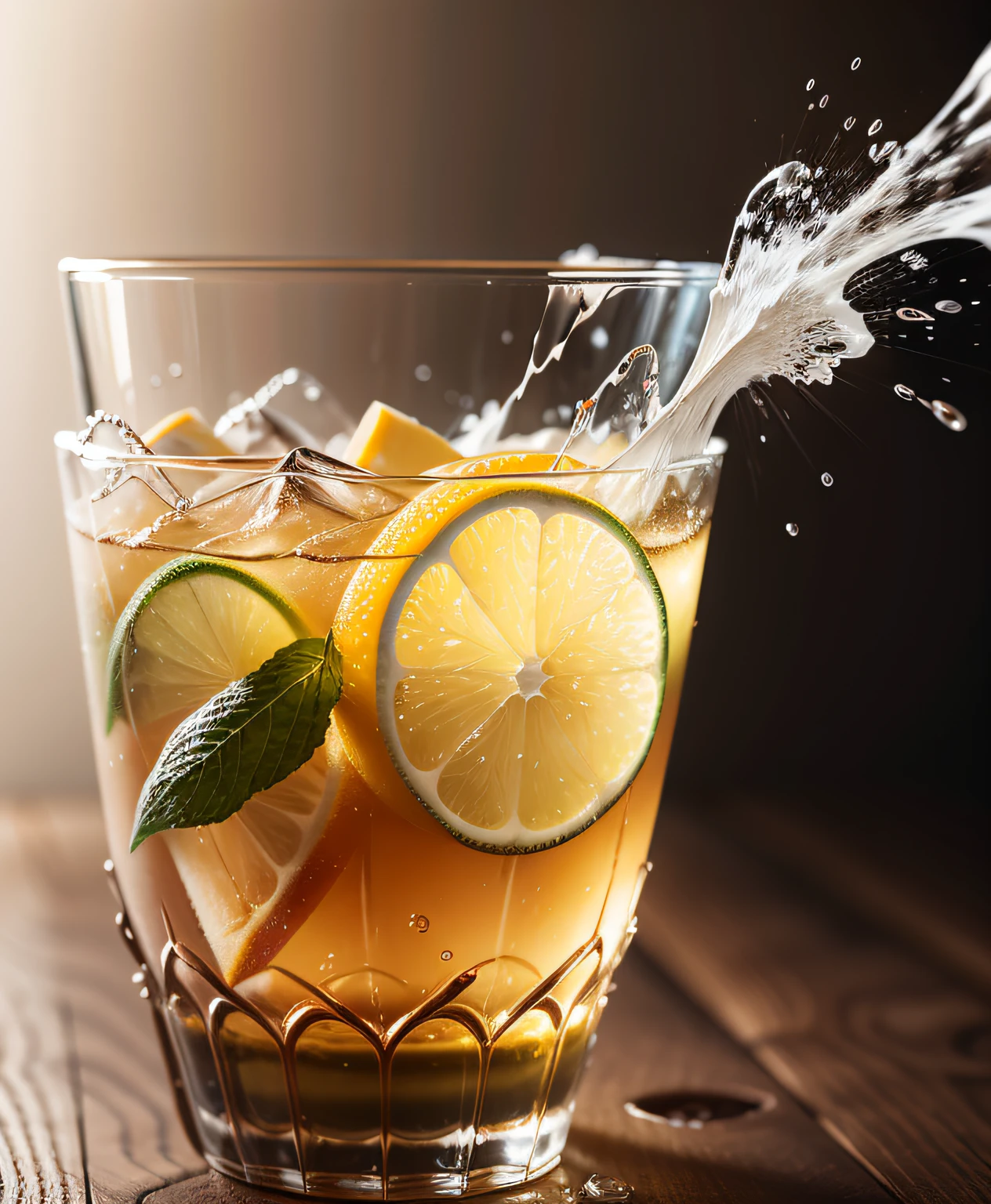 pas de fond, l&#39;eau éclabousse dans un verre de limonade Caipirinha, Photoréaliste, photoréalisme, superbe photographie culinaire, Photographie culinaire 4K, Photographie culinaire 4K, photographie à grande vitesse, Ralenti, ultra photographie à grande vitesse, photographie culinaire