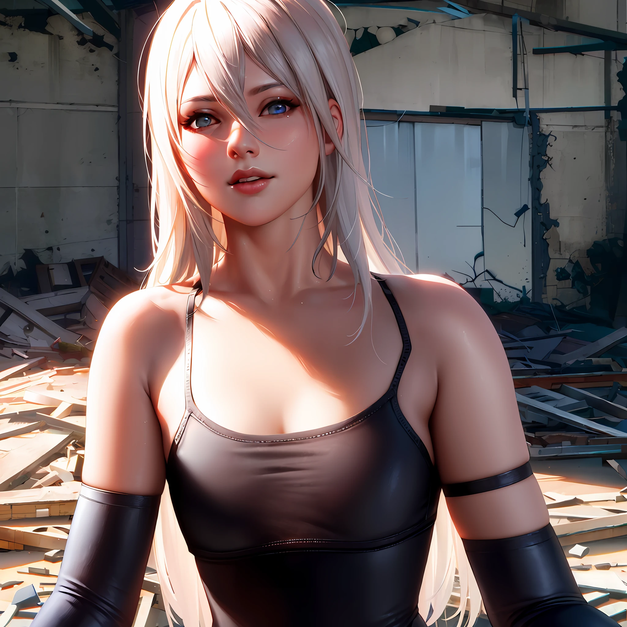 nsfw, illustration, vibrant, (delicate face), (nier automata), (yorha type a no. 2), staring, (blue eyes), aegyo sal, (small breasts), (white hair), (long hair), (hair between eyes), (tank top), (elbow gloves), (collarbone), (bare shoulders), (short shorts), (robotic joints), (empty background:1.4), (indoors, long abandoned building, broken window, foliage), (photorealistic), ((masterpiece)), best quality, (ultra-detailed), (detailed light), detailed face, sharp focus, Intricate, artstation, cgsociety, volumetric lighting,