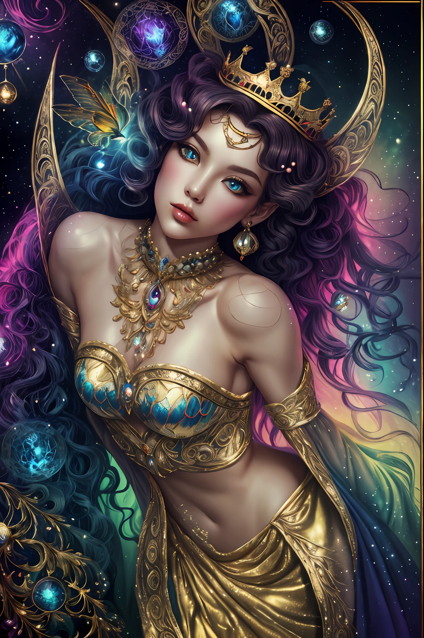 In the style of mythic fantasy and storybook fantasy, with many bright rainbow colors. Generate a mysterious fae queen with puffy lips and a wide mouth. She has a dark curls_hairstyle, side_swept_hair with a realistic texture. She has a realistic skin texture. She has 8k eyes, beautiful detailed eyes, realistically shaded eyes, and intricate detailed eyes. She has a highly detailed face. Her gossamer clothes are made of stunning french silk and beautiful polished, shimmering pearls. She is surrounded by many magical details and intricate celestial details. The artwork is very ornate, with small details and enhanced details. The artwork features phantasmal iridescence, bumps, and saturated colors as well as very detailed and gilded butterflies. The artwork features very detailed iridescent fantasy birds. The background should be interesting and relevant and octans, but the queen should be the focus of the frame. Lighting: Utilize innovative and beautiful lighting techniques including subsurface scattering, ambient lighting, and studio lighting that emphasizes fantasy details. Camera: She is the center of the frame. Utilize dynamic composition to create an exciting artwork with a lot of action and visual interest. Include mysterious ribbon, mysterious magic, and rays of shimmer.