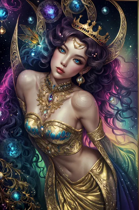 in the style of mythic fantasy and storybook fantasy, with many bright rainbow colors. generate a mysterious fae queen with puff...