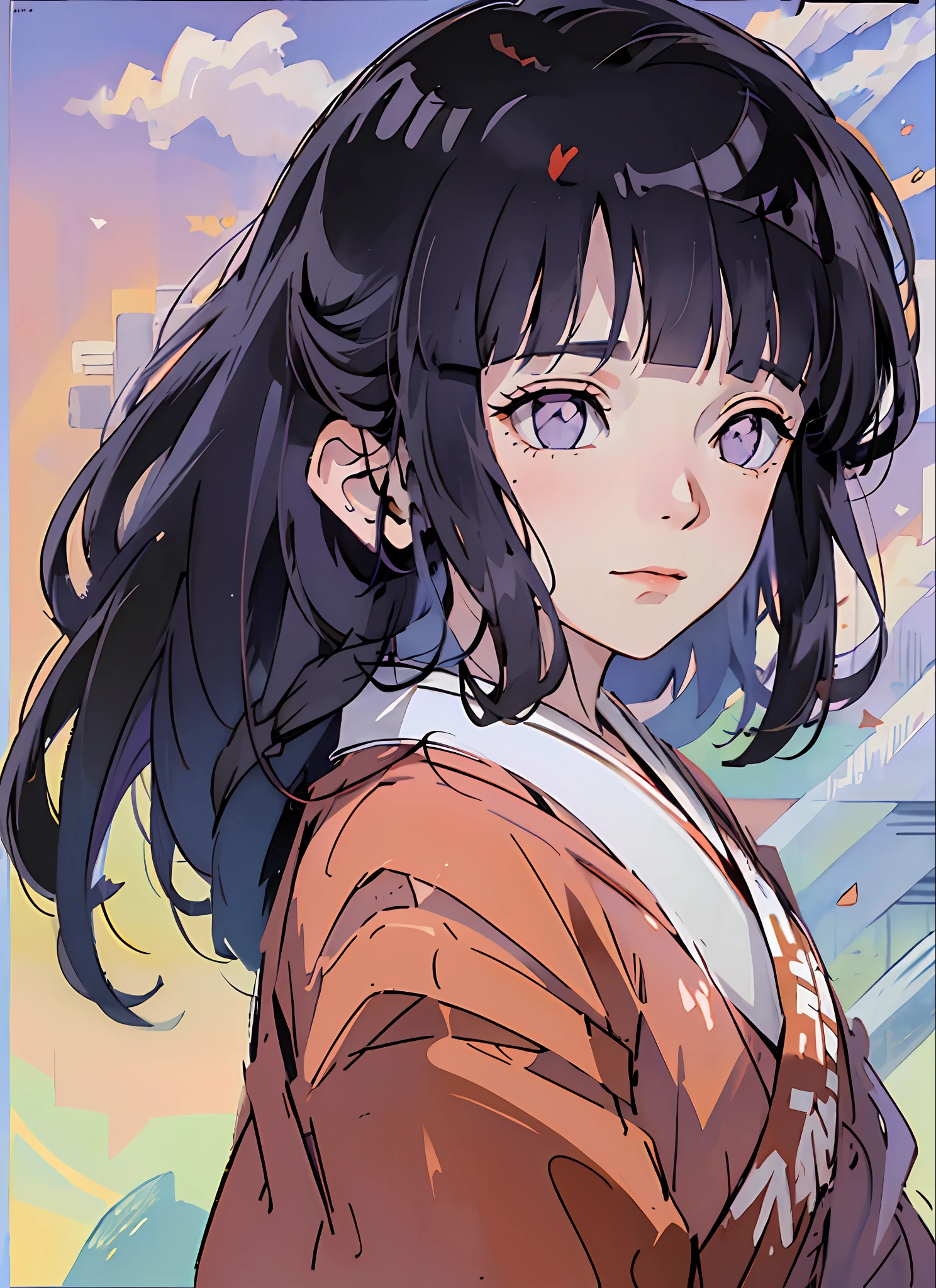 masterpiece, (((purple eyes))), ((red and white kimono)), cowboy shot, ((full body)), perfect eyes, perfect face, perfect lighting, indoors, colored sky, slight smile, blunt bangs, dark blue hair, hinata as kikyo